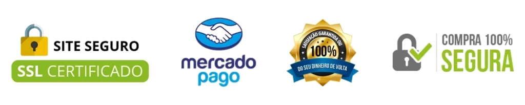 Site seguro SSL certificado, Mercado Pago, satisfação garantida, compra 100% segura